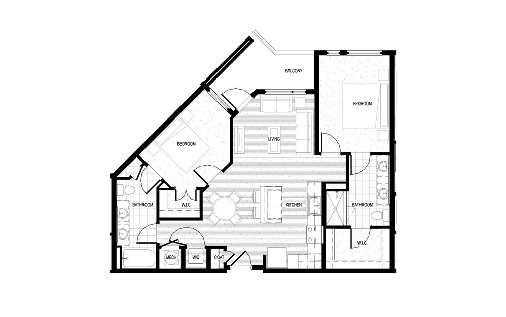 B5 - 2 bedroom floorplan layout with 2 baths and 1030 square feet.